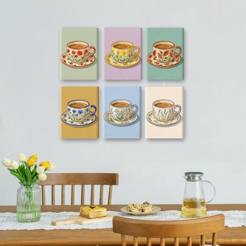 6 Mini-Gemälde | Blühende Teetassen Set