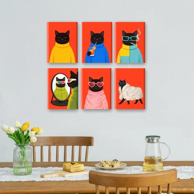 6 Mini-Gemälde | Elegantes Schwarze-Katzen Set