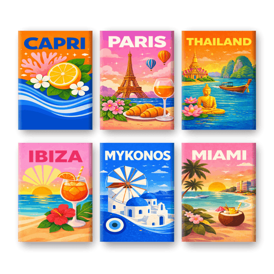 6 Mini-Gemälde | Bunte Reiseplakate Set-Malen nach zahlen
