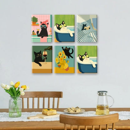 6 Mini-Gemälde | Verrückte Katzen Set