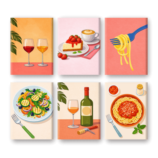 6 Mini-Gemälde | Abendessen & Wein Set-Malen nach zahlen