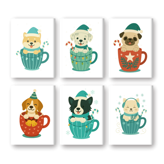 6 Mini-Gemälde | Hunde in Weihnachtsbechern Set-Malen nach zahlen