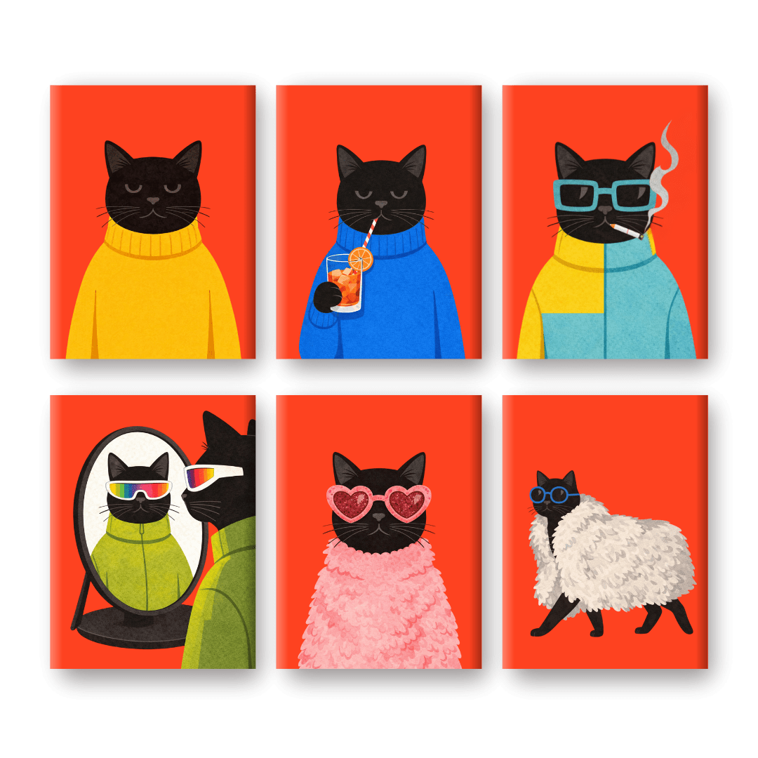6 Mini-Gemälde | Elegantes Schwarze-Katzen Set-Malen nach zahlen