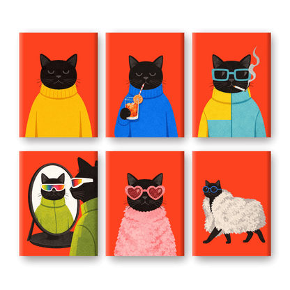 6 Mini-Gemälde | Elegantes Schwarze-Katzen Set-Malen nach zahlen