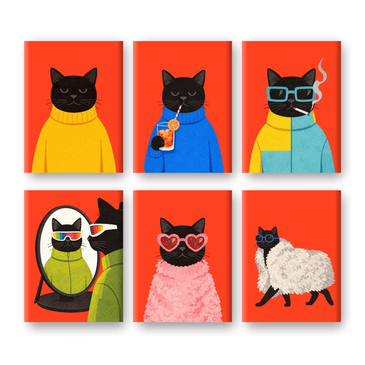 6 Mini-Gemälde | Elegantes Schwarze-Katzen Set-Malen nach zahlen