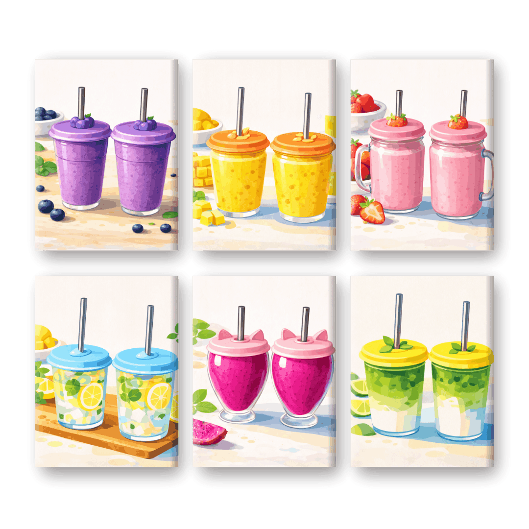 6 Mini-Gemälde | Frisches Smoothie Set-Malen nach zahlen