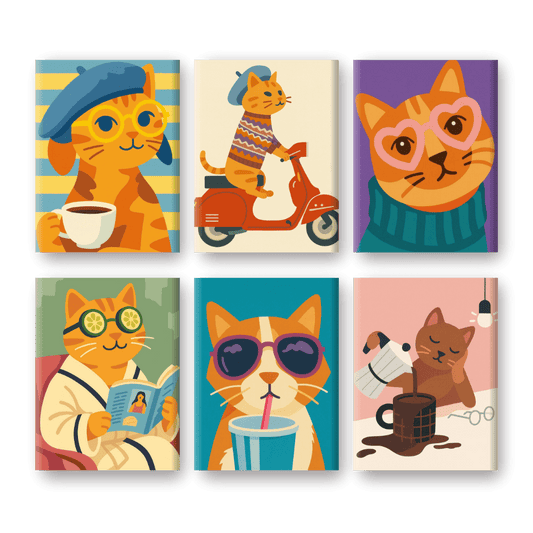 6 Mini-Gemälde | Lustige Katzen Set-Malen nach zahlen