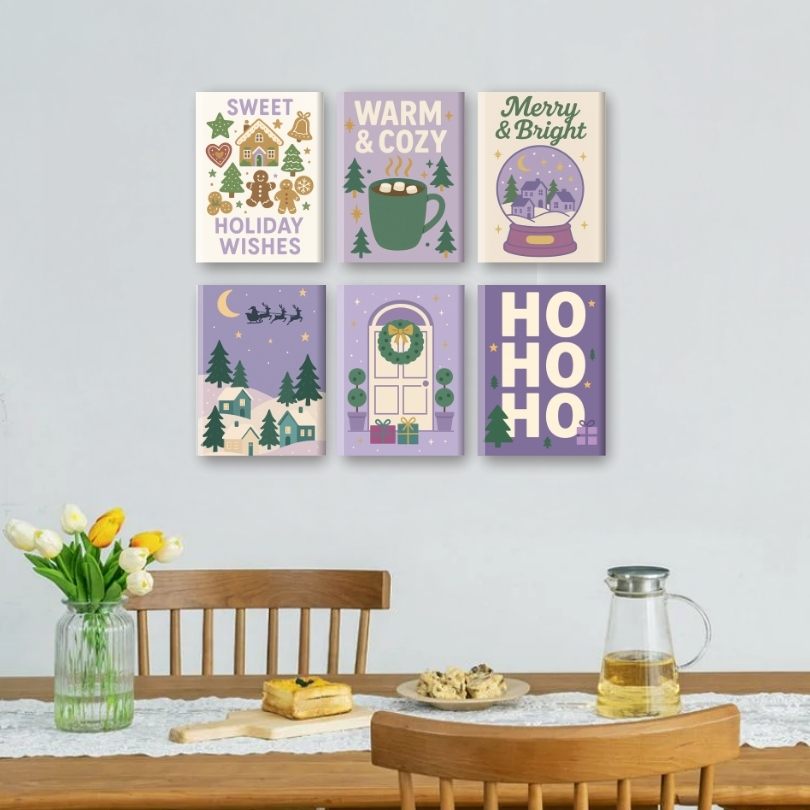 6 Mini-Gemälde | Lila Weihnachts Set