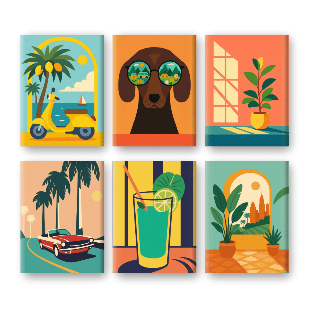 6 Mini-Gemälde | Retro Ferien Set-Malen nach zahlen