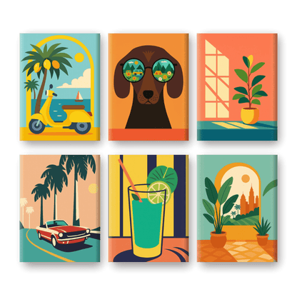 6 Mini-Gemälde | Retro Ferien Set-Malen nach zahlen