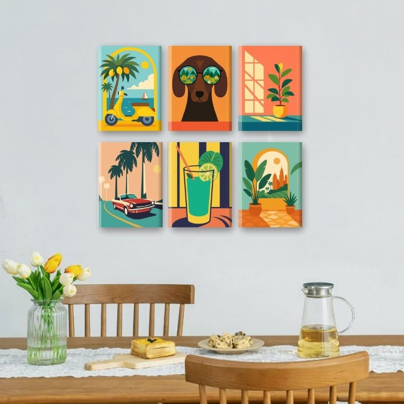 6 Mini-Gemälde | Retro Ferien Set