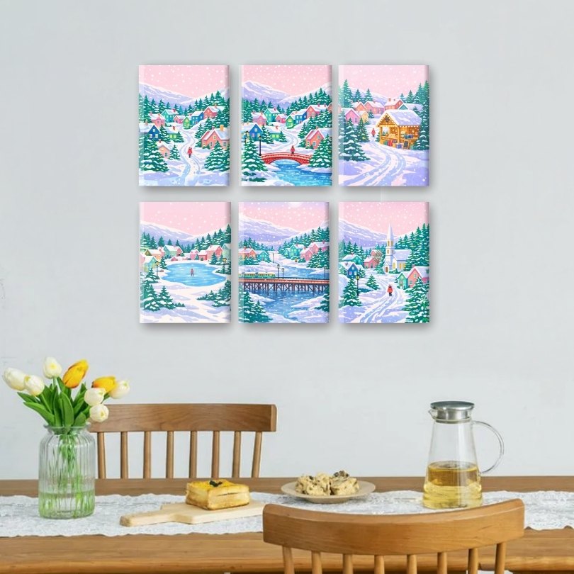 6 Mini-Gemälde | Verschneites Dorf Set