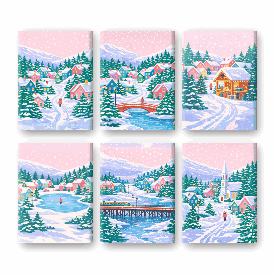 6 Mini-Gemälde | Verschneites Dorf Set-Malen nach zahlen
