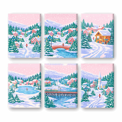 6 Mini-Gemälde | Verschneites Dorf Set-Malen nach zahlen