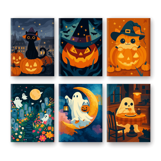 Malen nach Zahlen – 6 Mini-Gemälde | Gruseliges Halloween-Set-Malen nach zahlen