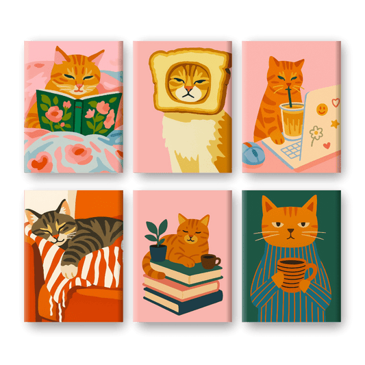 6 Mini-Gemälde | Müde Katzen Set-Malen nach zahlen