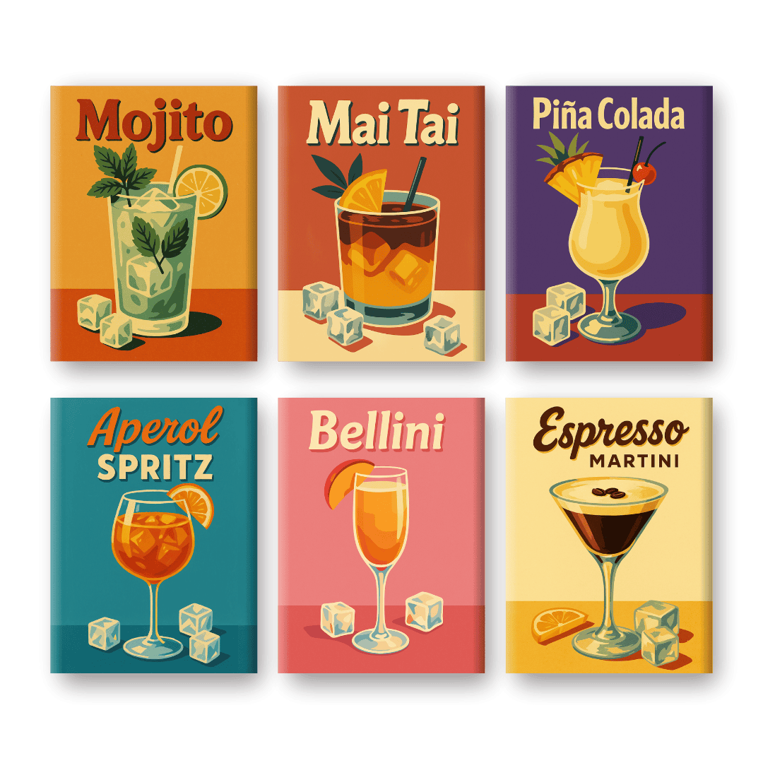 6 Mini-Gemälde | Old School Cocktail Set-Malen nach zahlen