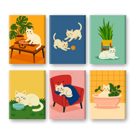 6 Mini-Gemälde | Weißes Katzen Set-Malen nach zahlen