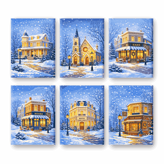 6 Mini-Gemälde | Winterstraße Set-Malen nach zahlen