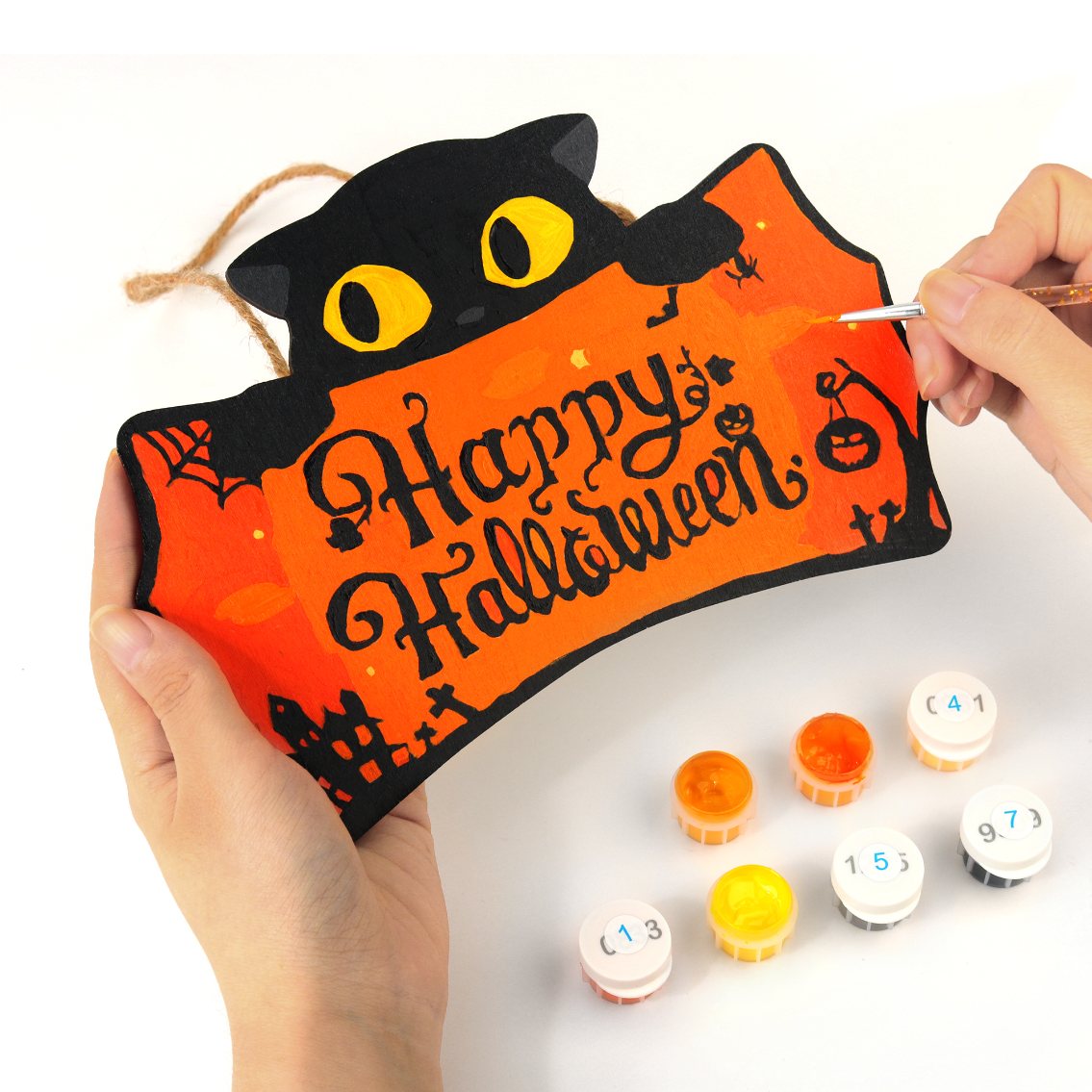 Halloween Katze – Malen nach Zahlen Holzanhänger