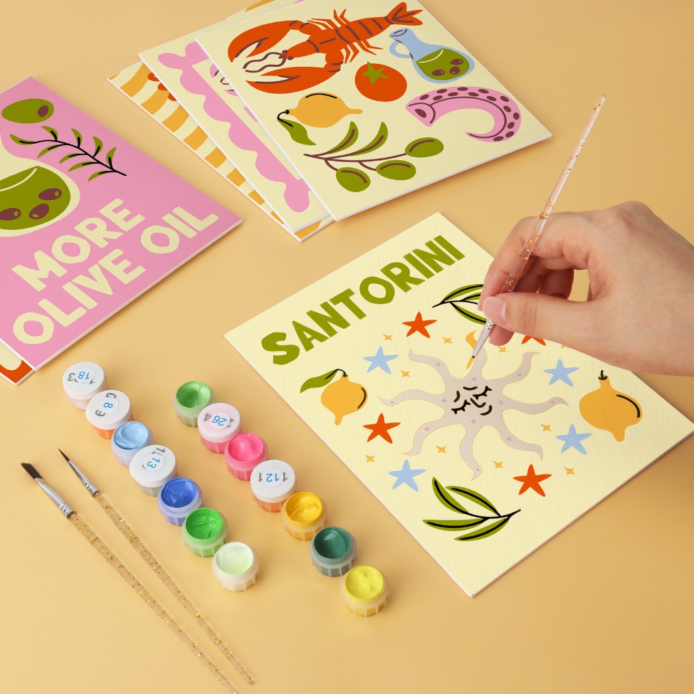 6 Mini-Gemälde auf Holzplatte – Mediterraner Fang Set