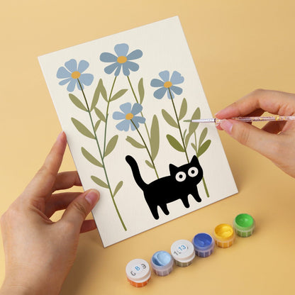 6 Mini-Gemälde auf Holzplatte – Katzen zwischen Pflanzen Set