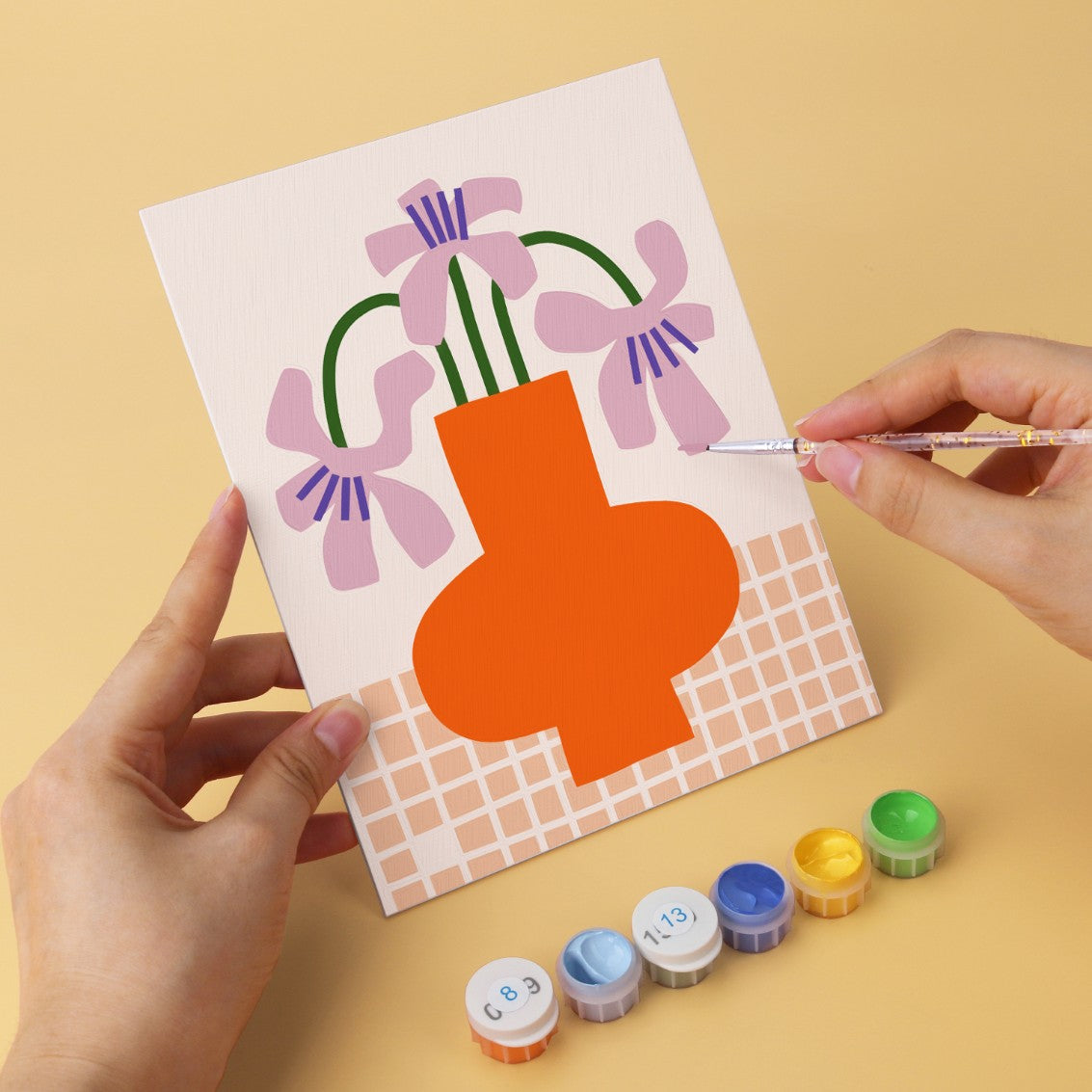 6 Mini-Gemälde auf Holzplatte – Vase voller Blüten Set