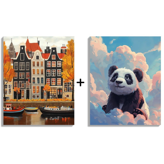 Malen nach Zahlen - Familienpaket – Schönes Amsterdam & Panda in den Wolken