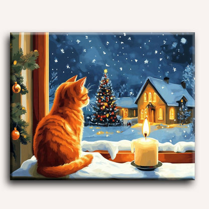 Malen nach Zahlen -  Katze am Fenster zu Weihnachten
