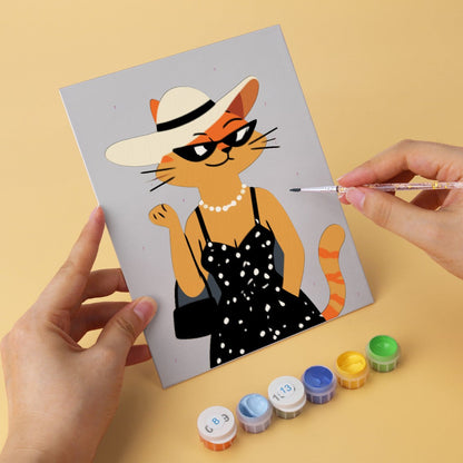 6 Mini-Gemälde auf Holzplatte – Modische Katzen Set