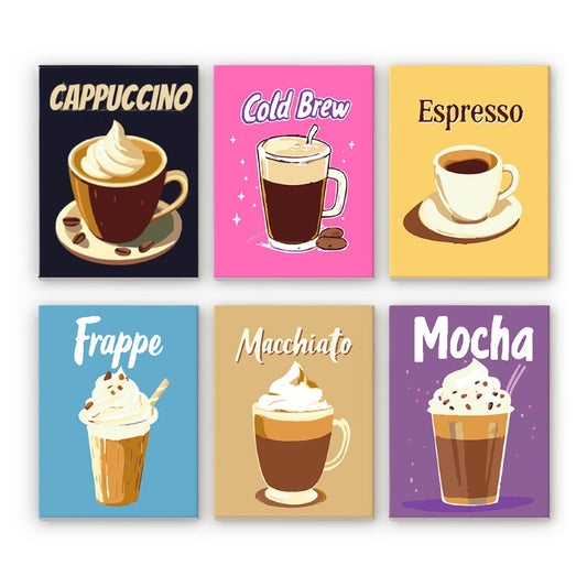 Malen nach Zahlen - Malen nach Zahlen – 6 Mini-Gemälde | Buntes Kaffee-Set