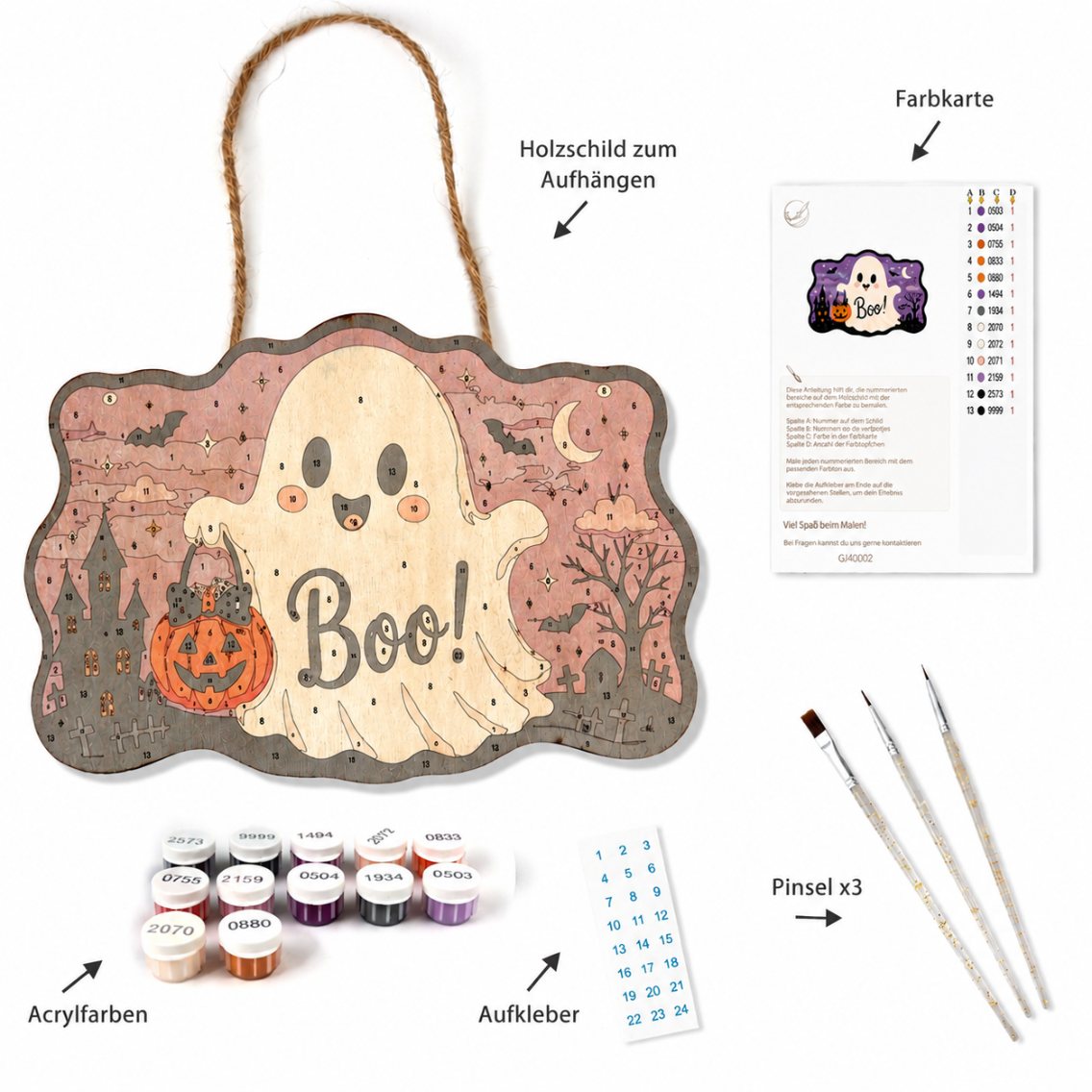 Halloween Gespenst – Malen nach Zahlen Holzanhänger