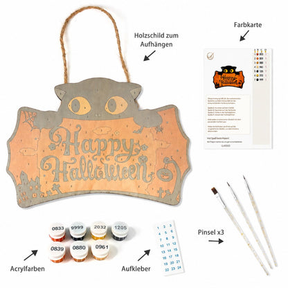 Halloween Katze – Malen nach Zahlen Holzanhänger