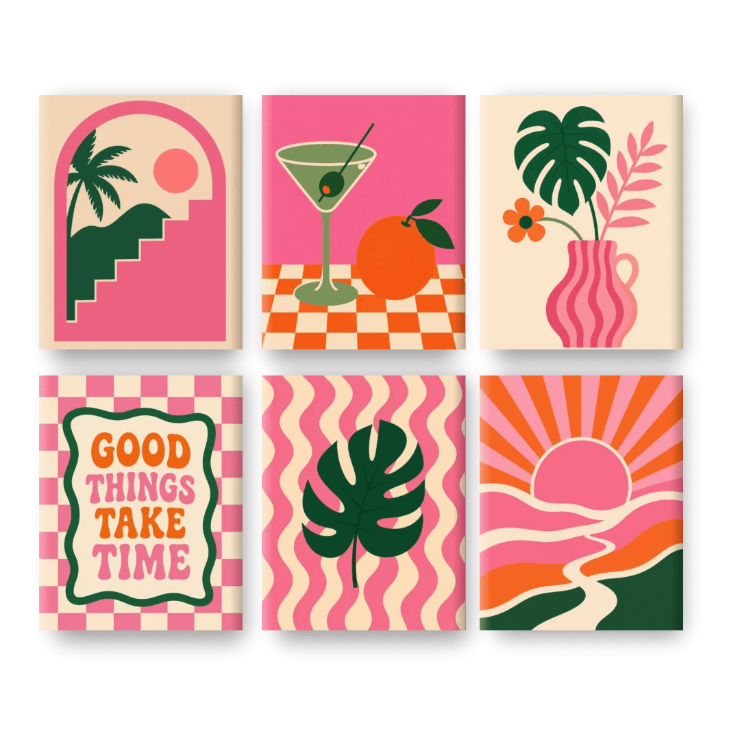 6 Mini-Gemälde | Retro Rosa Vibes-Set - Malen nach Zahlen