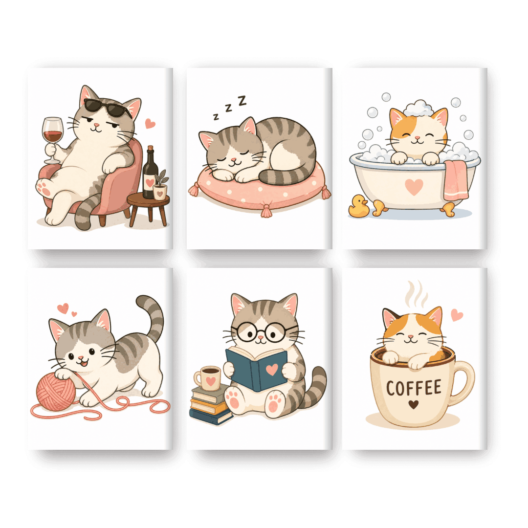 6 Mini-Gemälde | Kawaii Katzenleben-Set - Malen nach Zahlen
