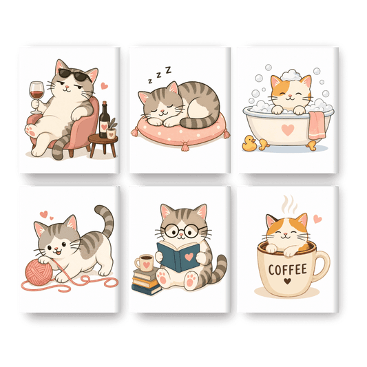 6 Mini-Gemälde | Kawaii Katzenleben-Set - Malen nach Zahlen
