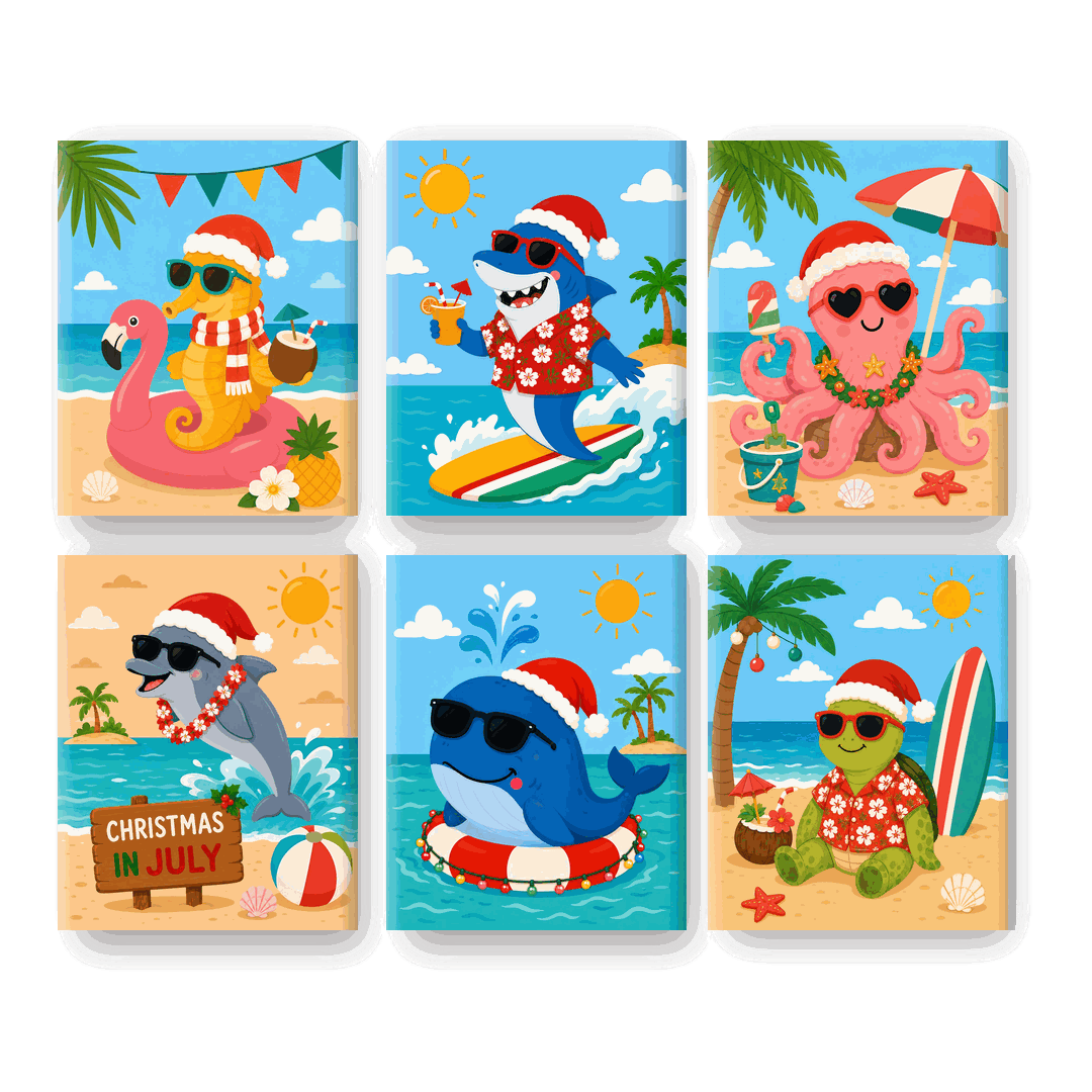 6 Mini-Gemälde | Weihnachtliche Meerestiere Set - Malen nach Zahlen