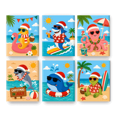 6 Mini-Gemälde | Weihnachtliche Meerestiere Set - Malen nach Zahlen