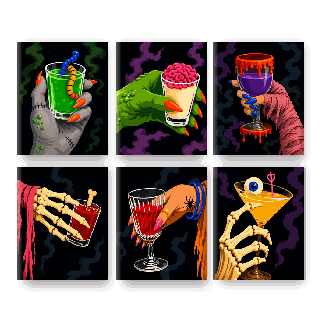 6 Mini-Gemälde | Monster Happy Hour Set - Malen nach Zahlen