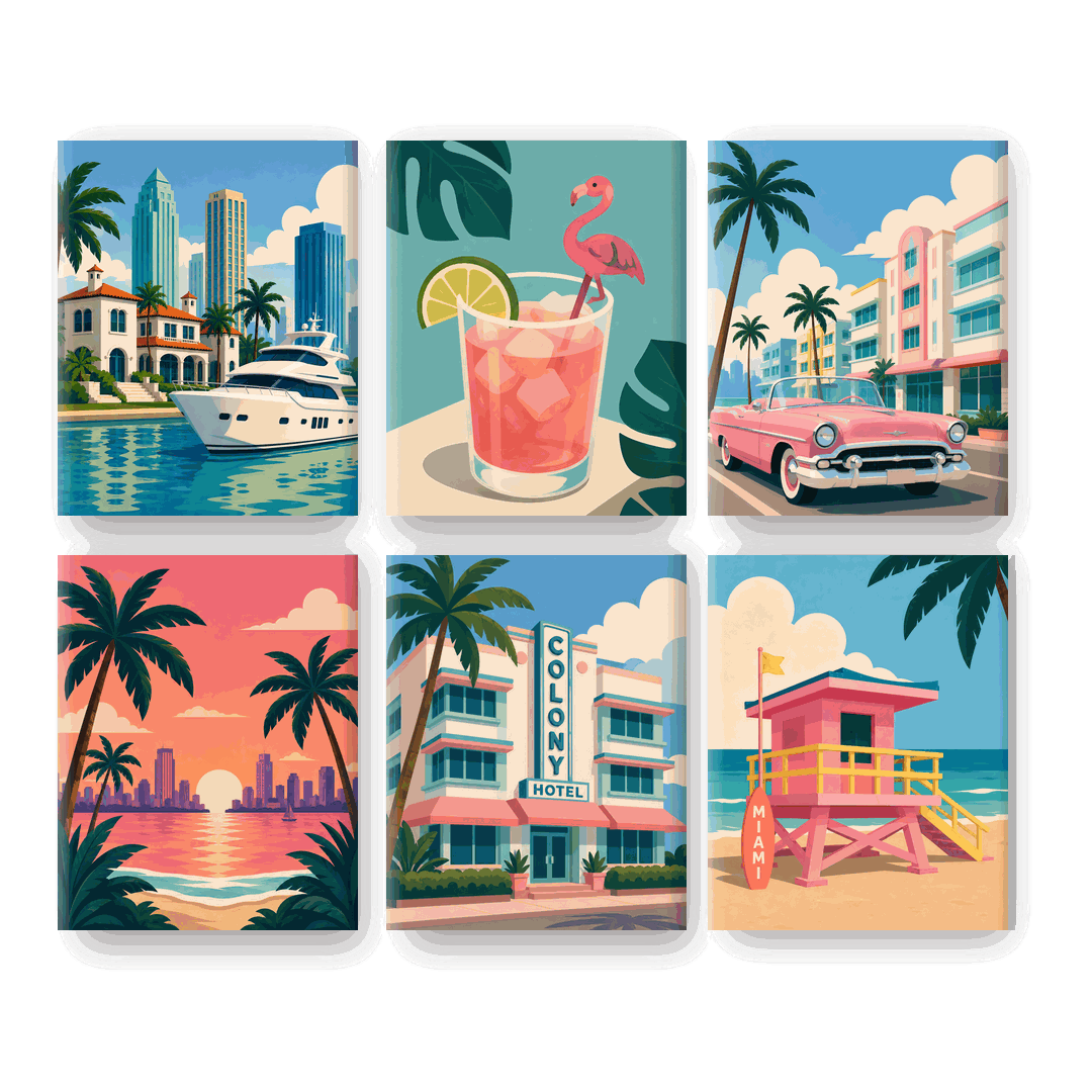6 Mini-Gemälde | Welcome to Miami Set - Malen nach Zahlen