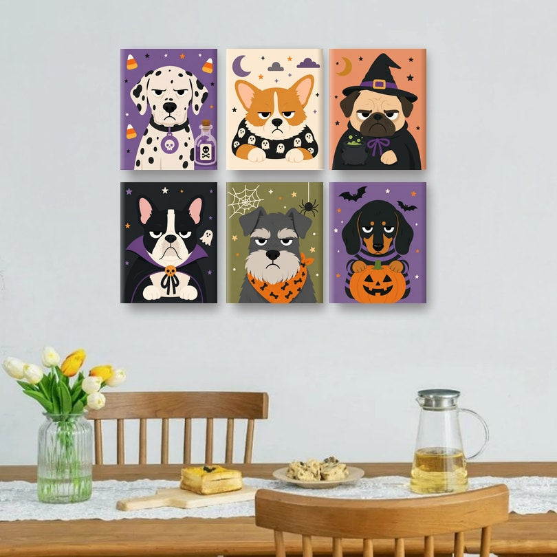 6 Mini-Gemälde | Halloween-Hunde Set