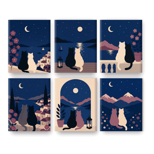 6 Mini-Gemälde | Nachtkatzen Set - Malen nach Zahlen