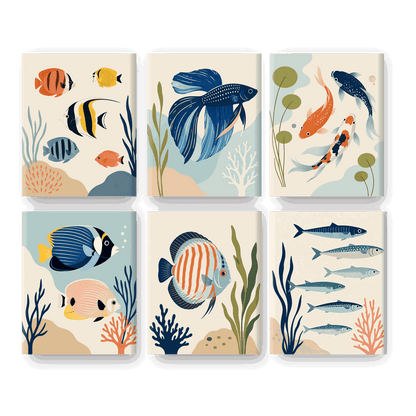 6 Mini-Gemälde | Schöne Fische Set - Malen nach Zahlen
