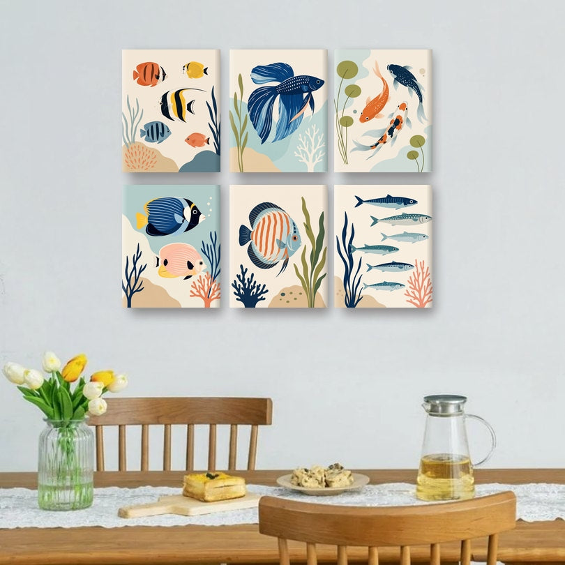 6 Mini-Gemälde | Schöne Fische Set