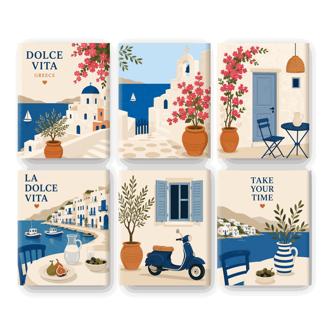 6 Mini-Gemälde | Griechische Auszeit Set - Malen nach Zahlen