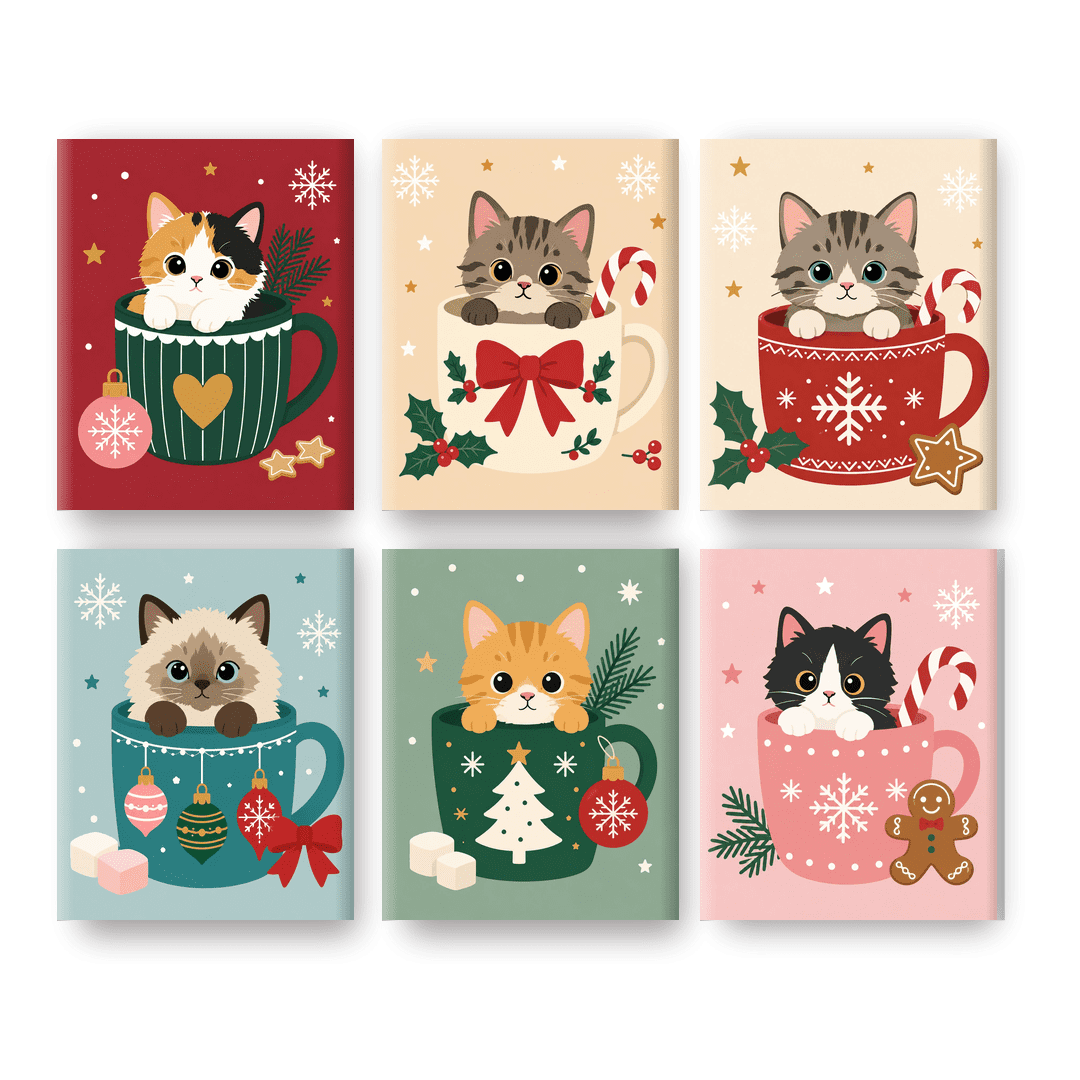 6 Mini-Gemälde | Katzen in Weihnachtstassen Set - Malen nach Zahlen