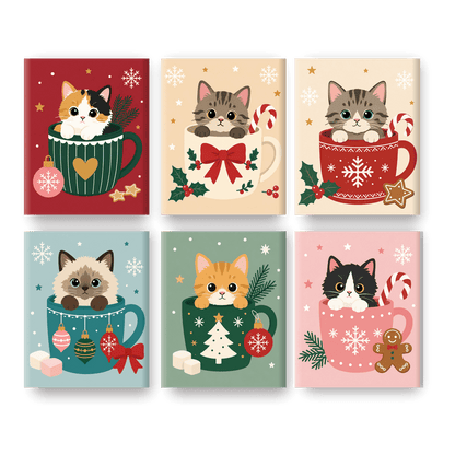 6 Mini-Gemälde | Katzen in Weihnachtstassen Set - Malen nach Zahlen