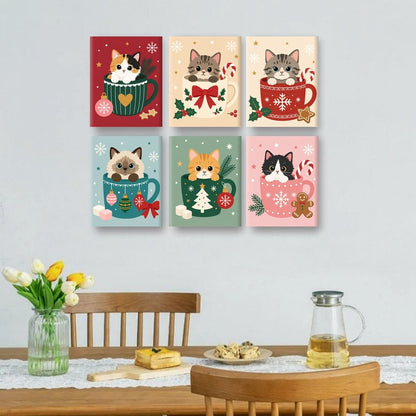 6 Mini-Gemälde | Katzen in Weihnachtstassen Set
