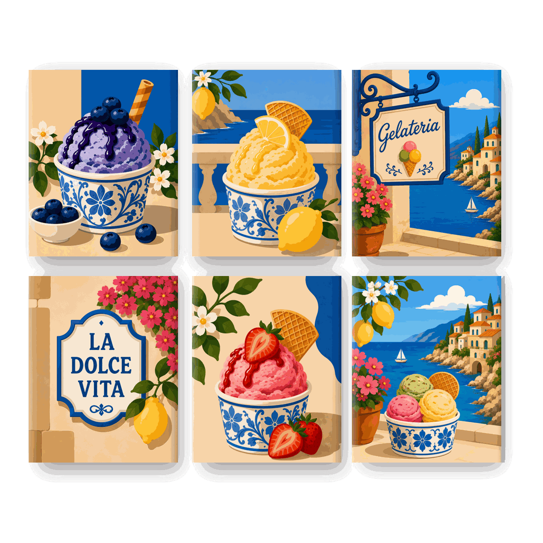 6 Mini-Gemälde | Gelato-Auszeit Set - Malen nach Zahlen