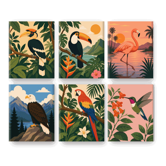 6 Mini-Gemälde | Exotische Vogelwelt Set - Malen nach Zahlen